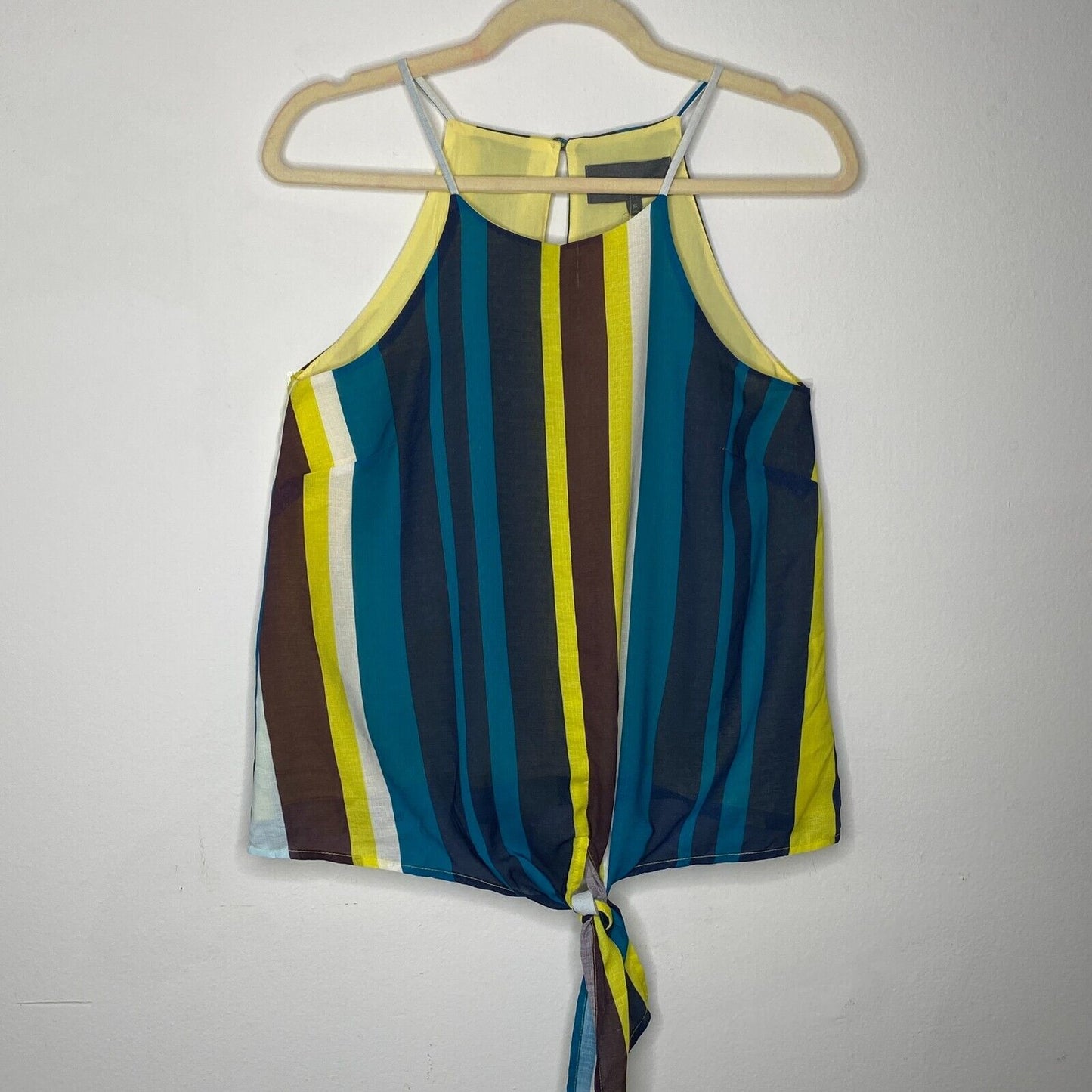Sunday In Brooklyn Teal Blue & Yellow Black Multi Stripe Front Tie Blouse XS