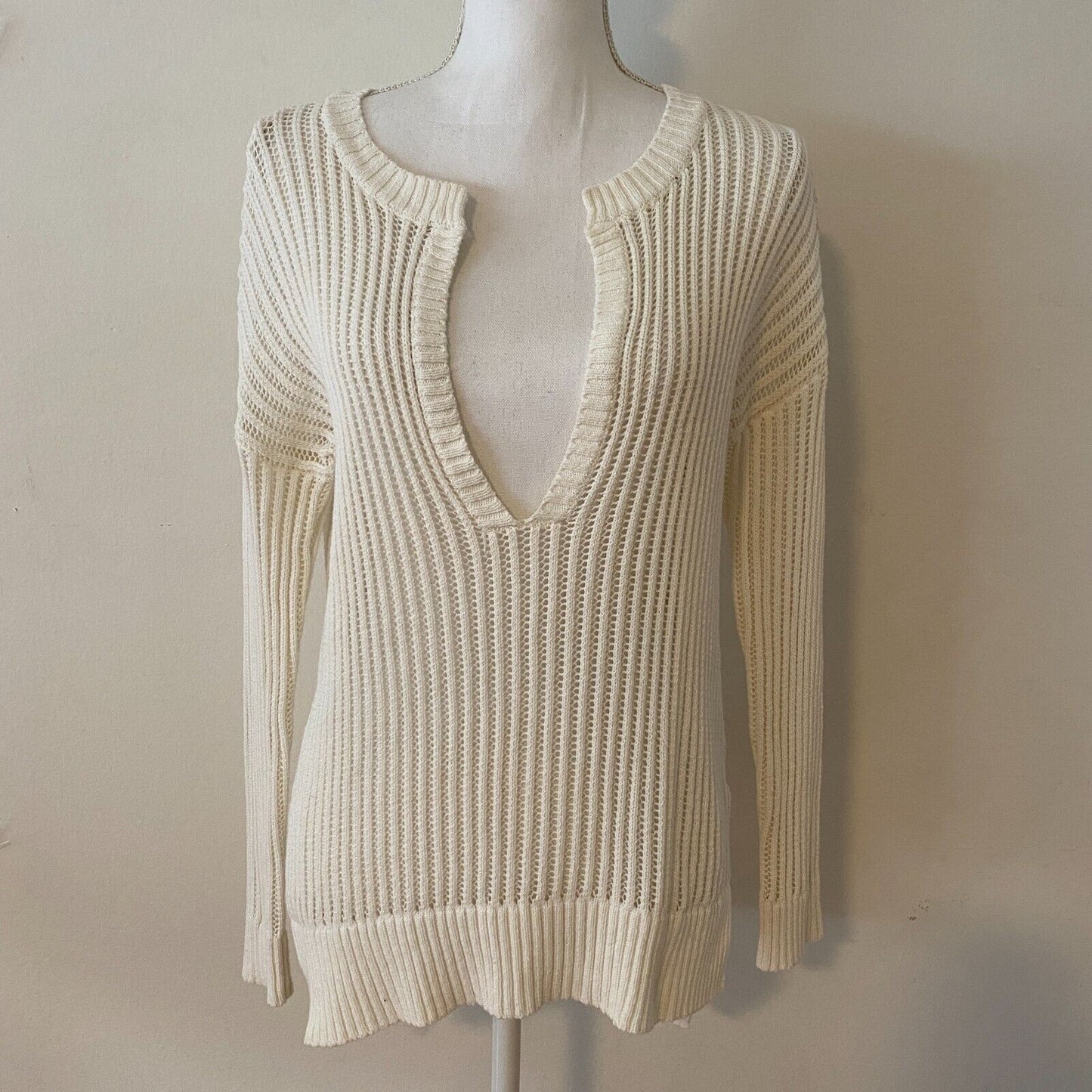 Revolve By The Way Ivory Pearl Sheer Knit Long Sleeve Sweater V-Neck Jumper S
