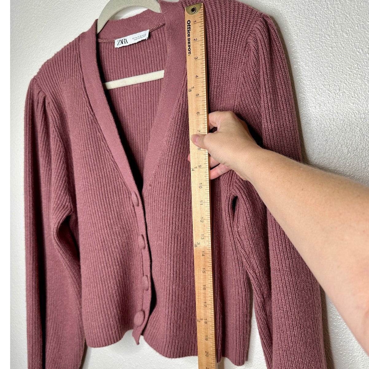 ZARA Mauve Balloon Sleeve V-Neck Cropped Button Chunky Knit Cardigan Sweater M