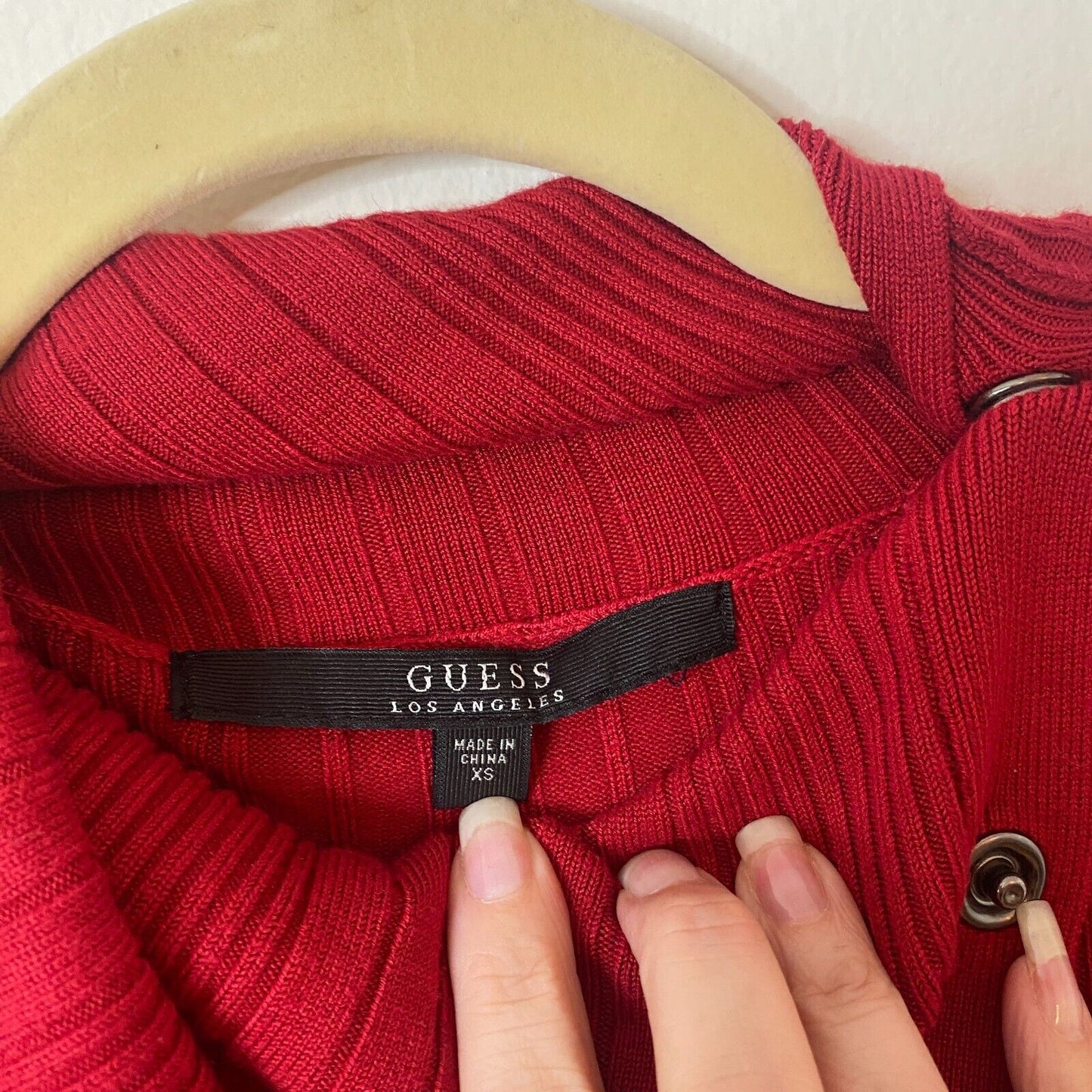 Guess Red Asymmetric Turtle Neck Bodycon Midi Sweater Dress Side Buttons XS