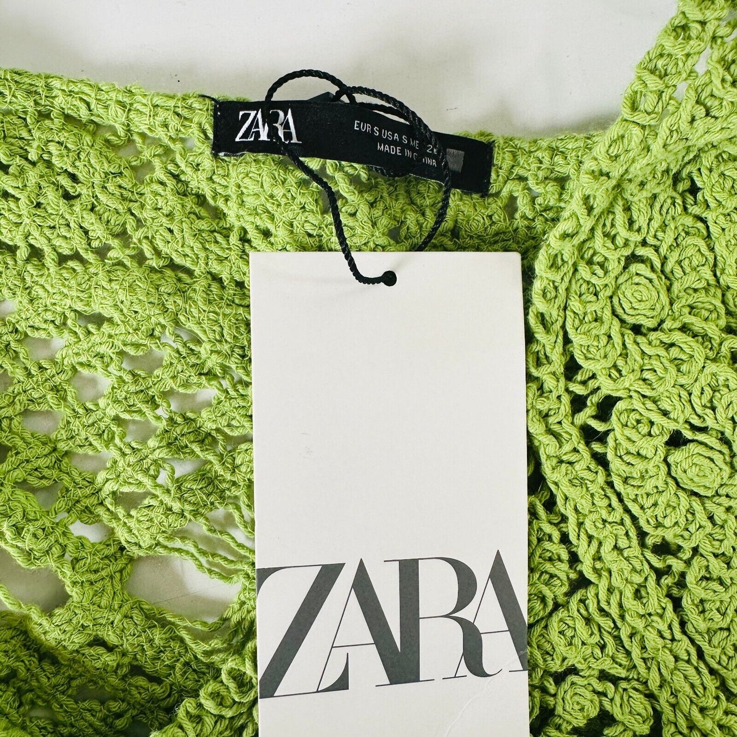 NWT Zara Cute Boho Lime Green Square Neck Boxy Crochet Crop Tank Top Small
