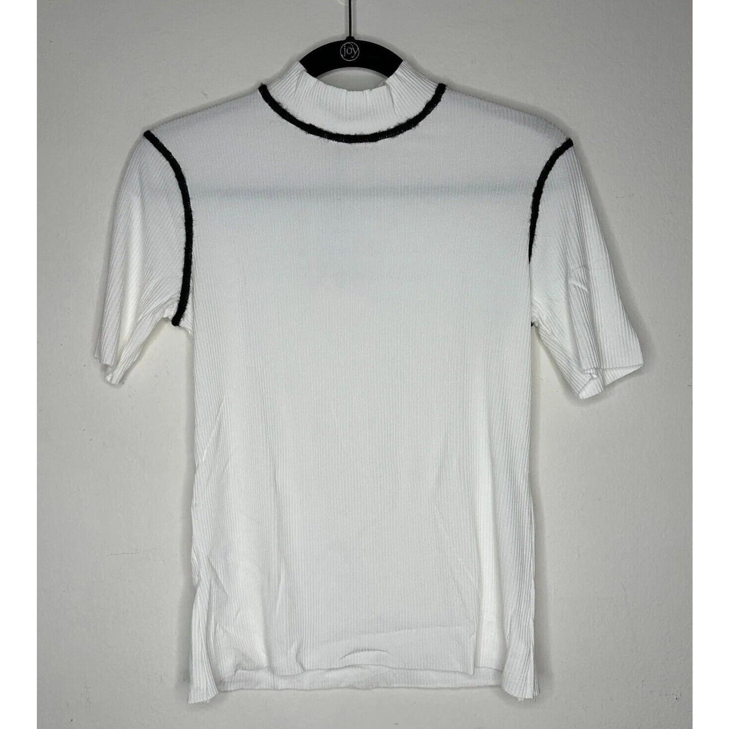 Zara Ivory Black Fuzzy Stitch Lining Mock Neck Short Sleeve Rib Raw Hem Top M