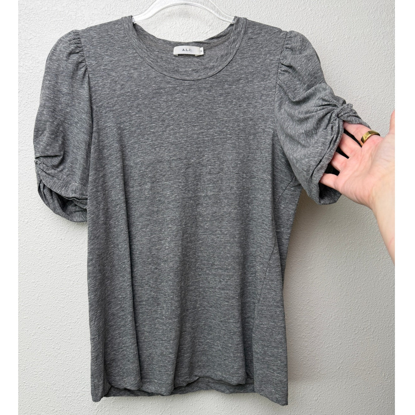 A.L.C. T Shirt Gray Puff Sleeve Women US S Crewneck Cotton