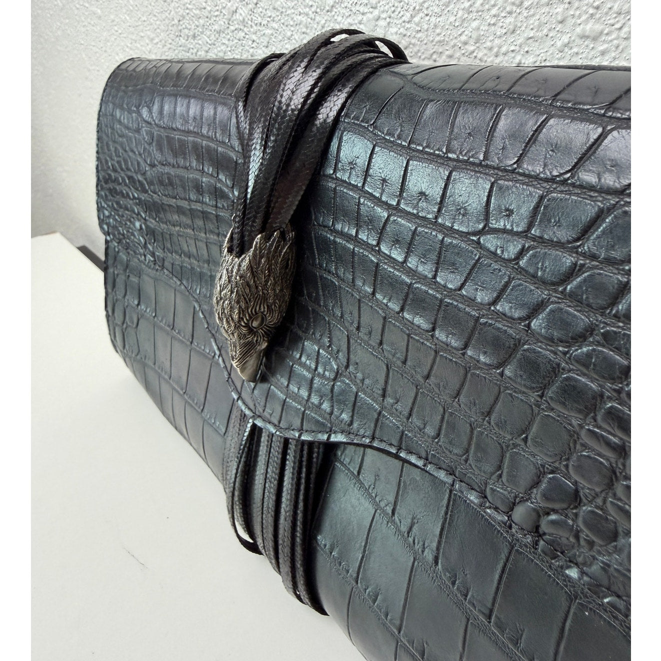 RARE Raven Kauffman Couture Black Croc Leather Bird Head Envelope Clutch Bag