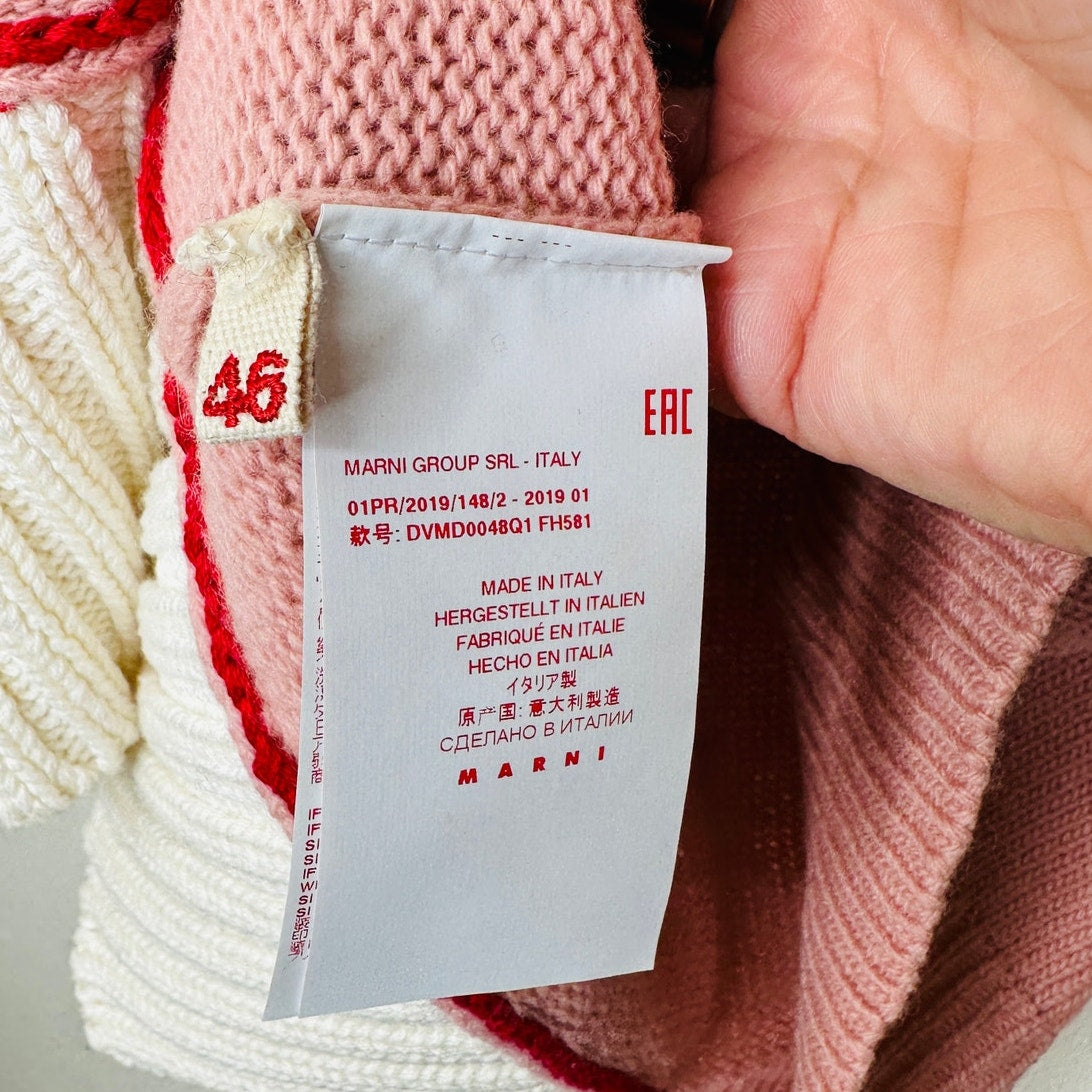 Marni Pink Cream Red Asymmetrical Neck & Hem Long Sleeve Sweater 46 / 10