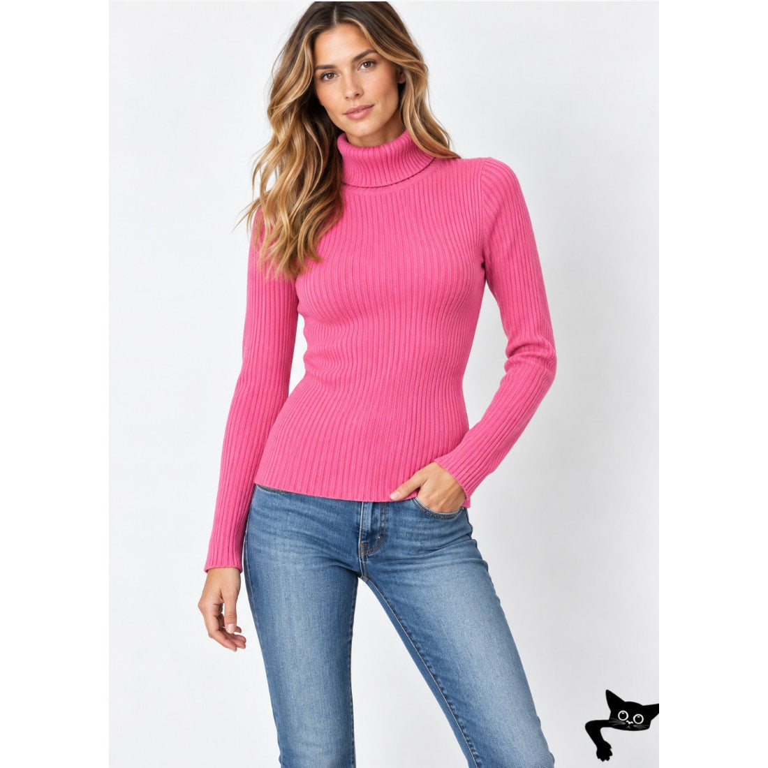 525 American Pink Form Fitting Ribbed Knit Long Sleeve Turtleneck Top Small