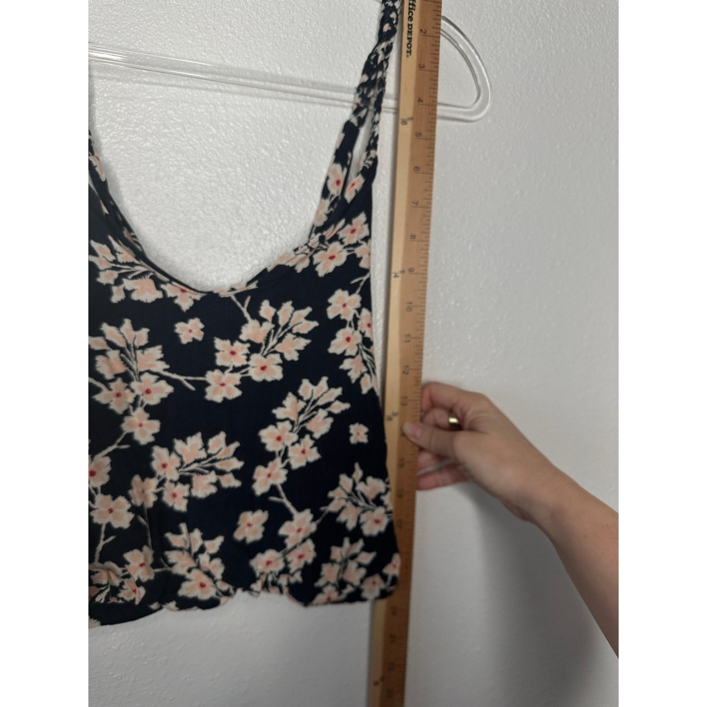 Boho Floral Braided Twist Back Tank Top XS Black Peach Cream Linen Summer Look