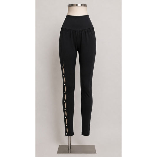 Wolford Sexy Black Linda Leggings Open Side Slit Tan & Pearl Embellishment Small