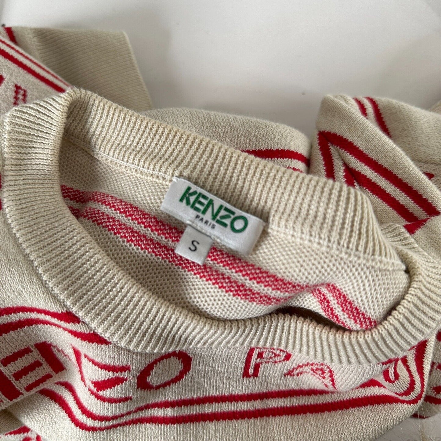 Kenzo Red & Tan Striped Woven Logo Knitted Sweater Long Sleeve Round Neck Small