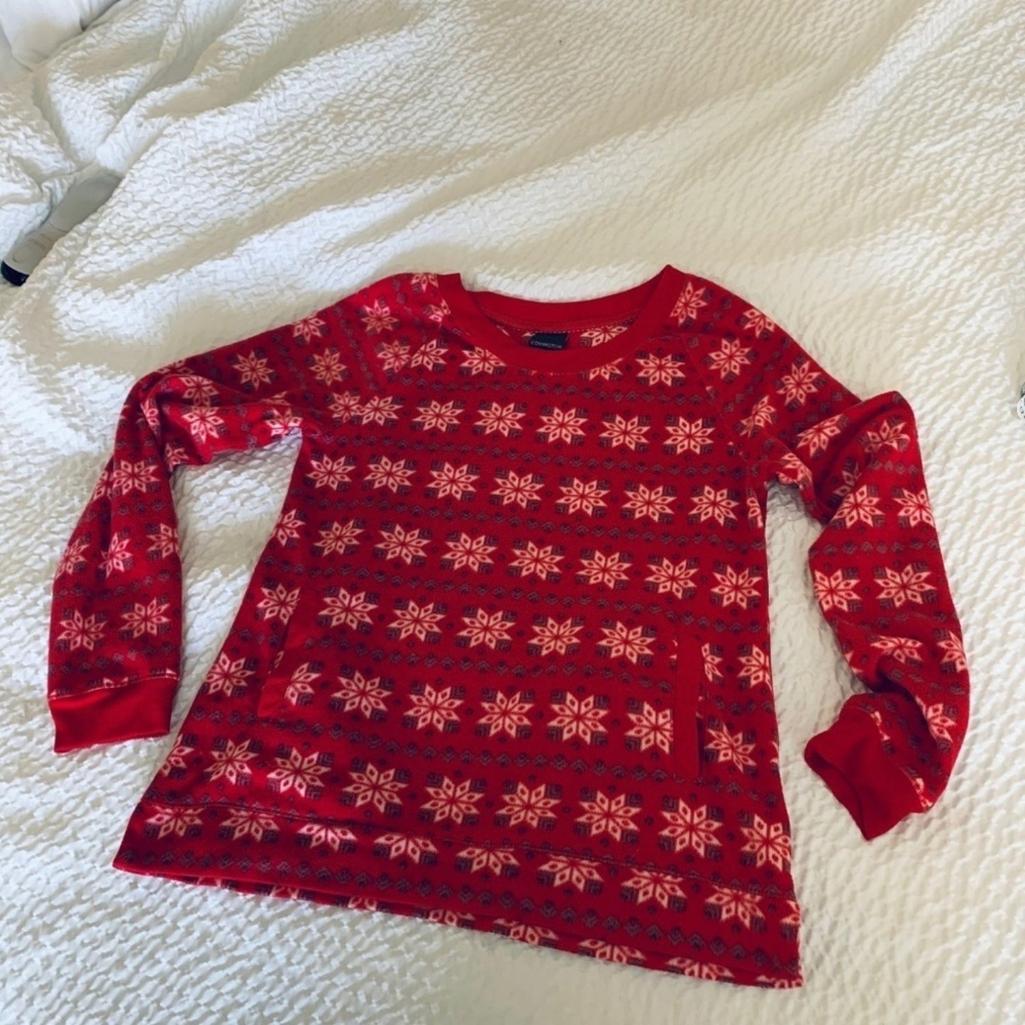 Red & White Fuzzy Snowflake Ugly Holiday Christmas Sweater Front Pockets Small