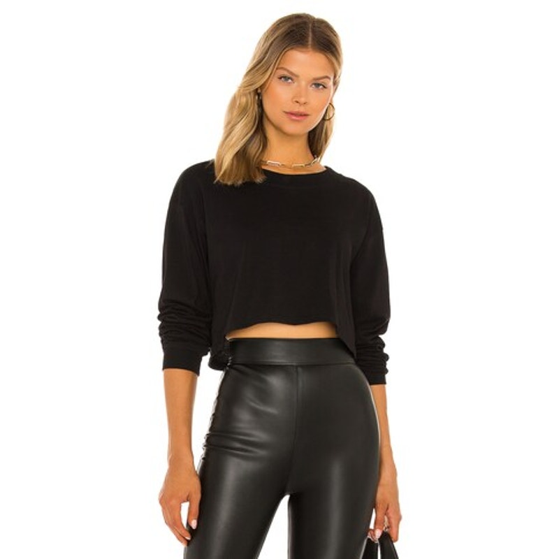 Lovers + Friends Laguna Black Round Neck Long Sleeve Raw Hem Crop Sweater S