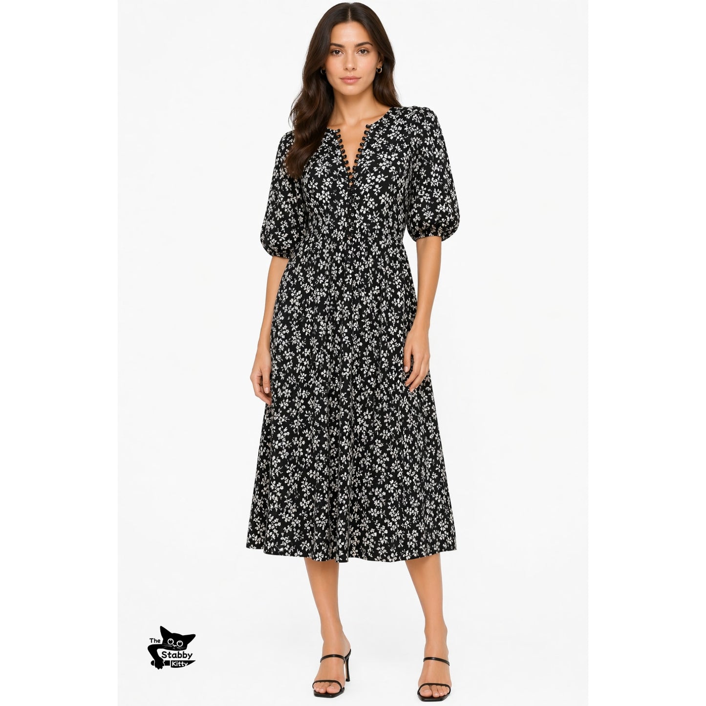 The Great Dress Black Ivory Floral Midi Women US 0 Button Front