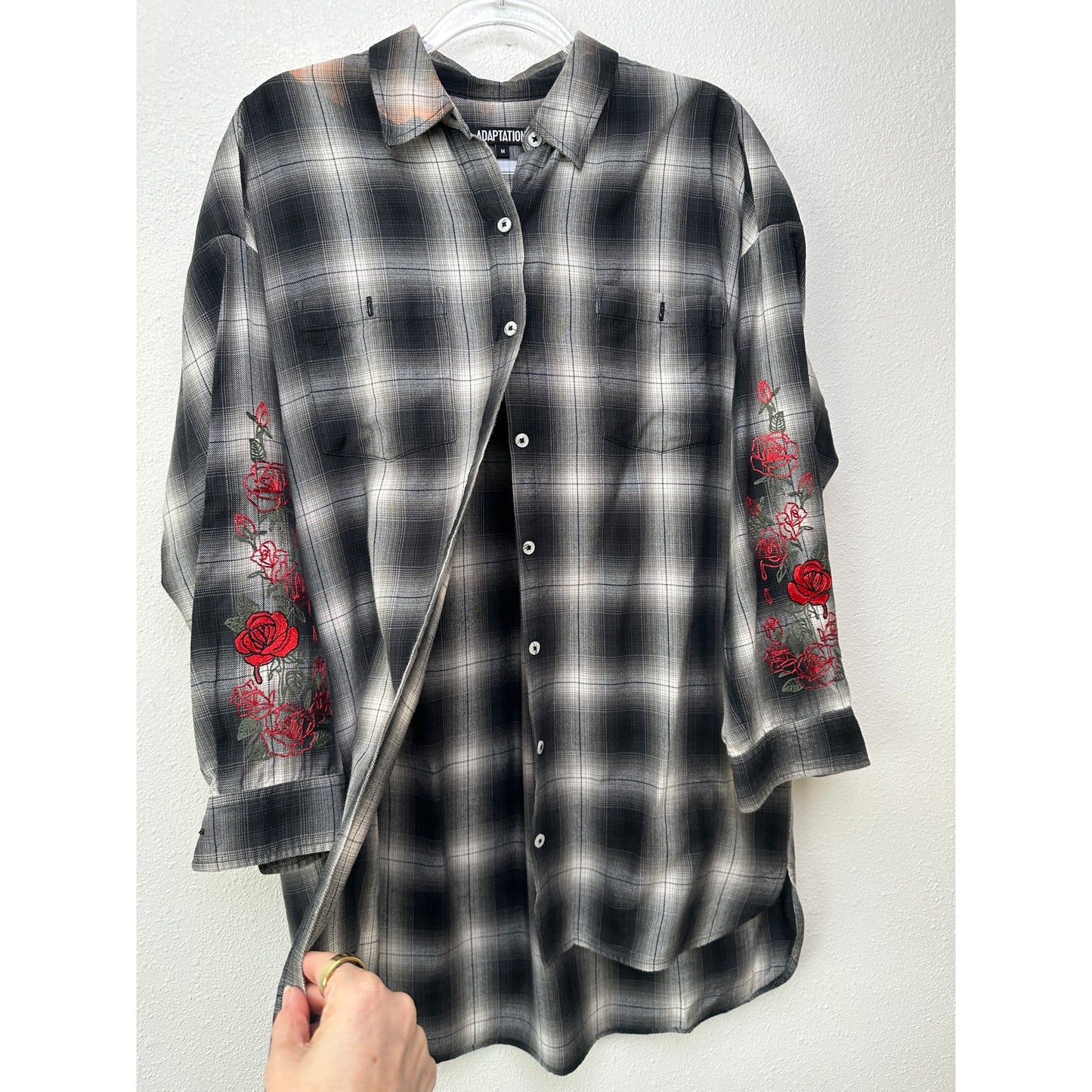 Adaptation Rose Embroidered Plaid Longline Shirt Dress Black White M