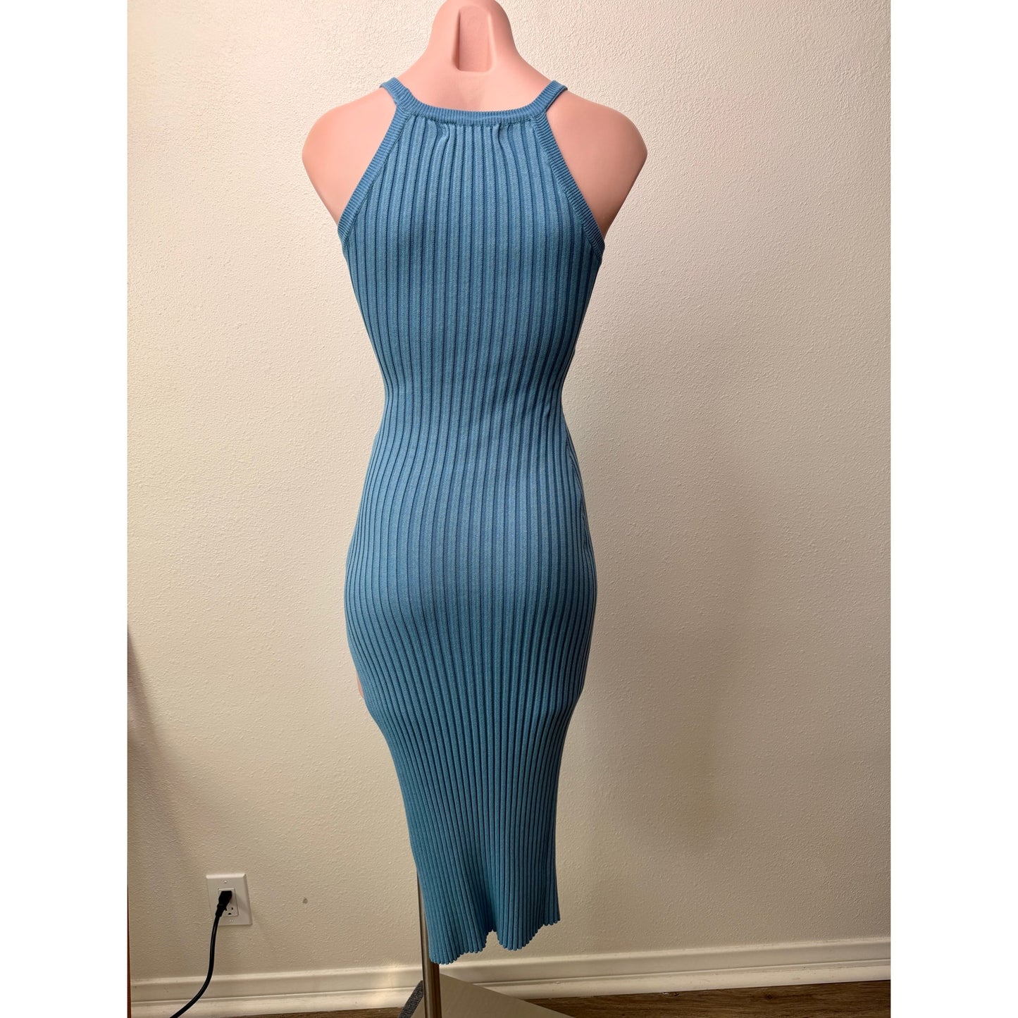 Hera Blue Ribbed Halter Sweater Midi Dress Bodycon Women's S