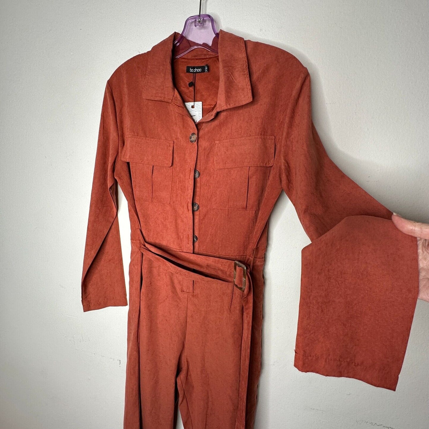 NWT Boohoo Rust Utility Cargo Belted Jumpsuit Tapered Leg Front Safari Pocket 7