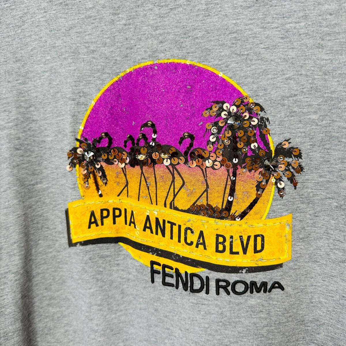 Fendi Gray Short Sleeve Appia Antica Blvd Fendi Roma logo Tee Bead Sequin Top L