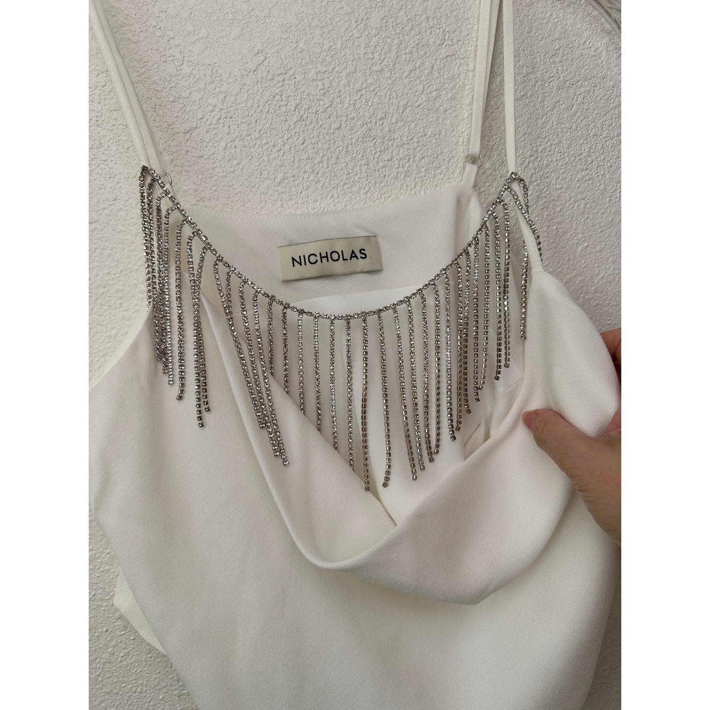 Nicholas Rhinestone Fringe Cowl Neck Ivory Crop Top – Women’s M
