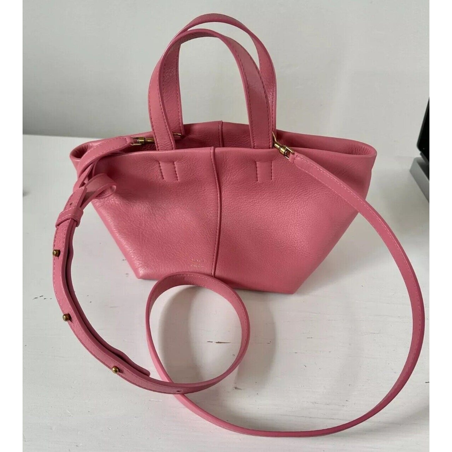 NWOT Mansur Gavriel Tulipano Mini Pebbled Leather Crossbody Bag Peony Pink