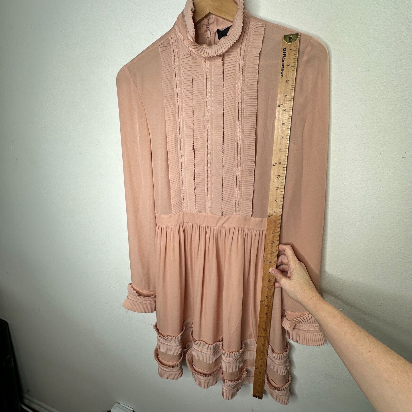 Nicholas Peachy Pink Fine Pleat Silk Long Sleeve Mini Ruffles High Neck Dress 0