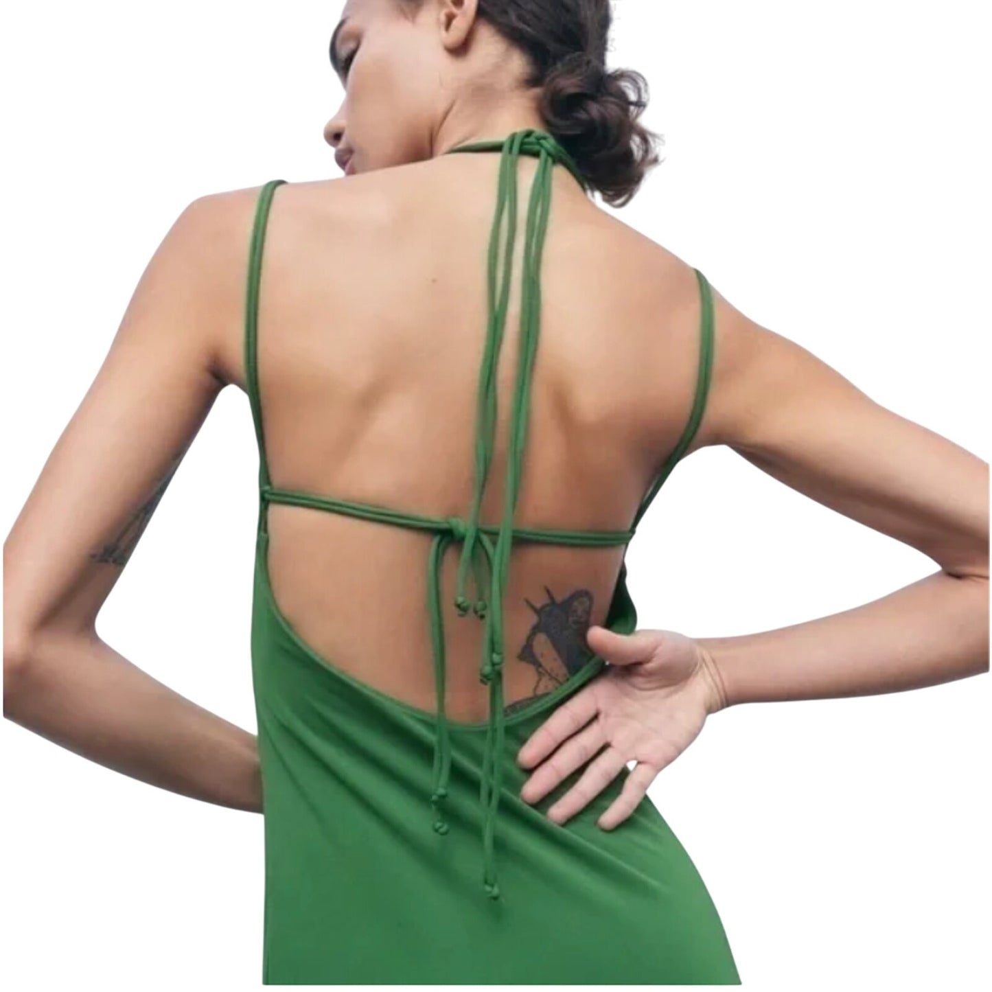 Zara Emerald Green Strapless V-Neck Keyhole Halter Top Tie Back Maxi Dress M