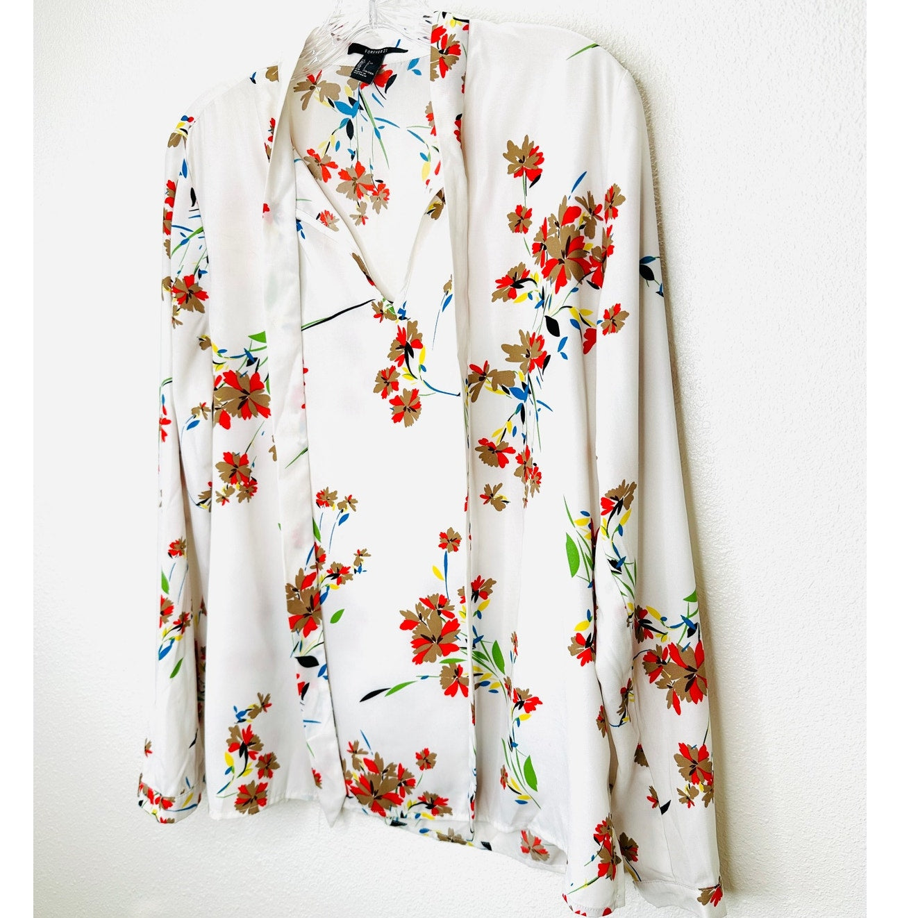 Off White Red Brown Blue Floral Long Sleeve Tie Neck Blouse Top L