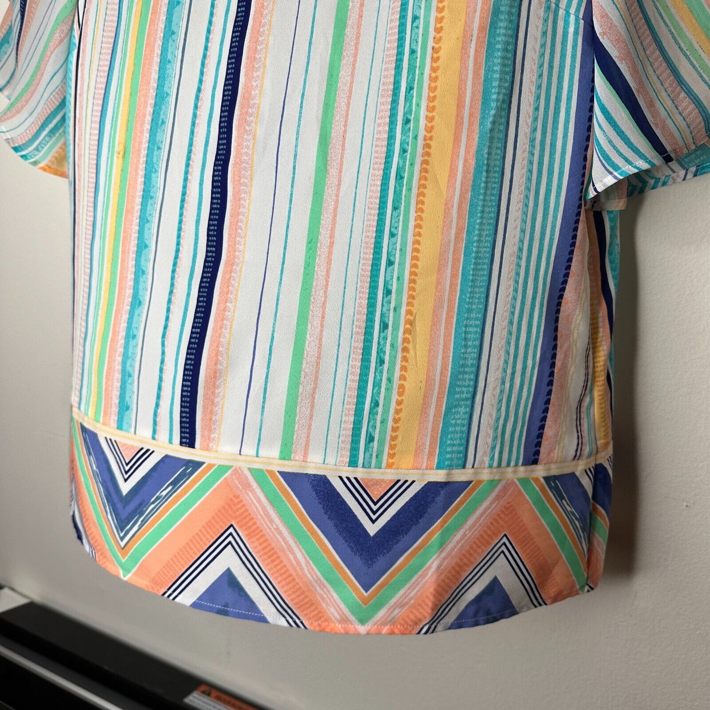 Chico's Aqua Peach and Green White Aztec Striped Boxy Blouse Short Sleeve 1