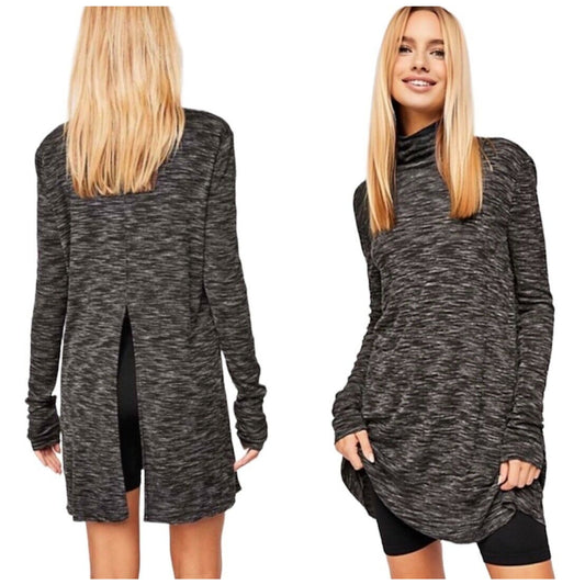 We The Free Stone Cold Split Back Long Sleeve Turtleneck Top Black Gray Medium