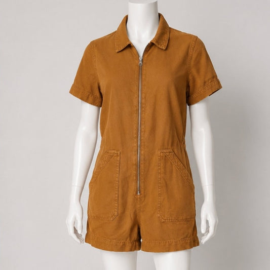 Everlane The Denim Short Coverall Organic Cotton Brown Rust Romper 6