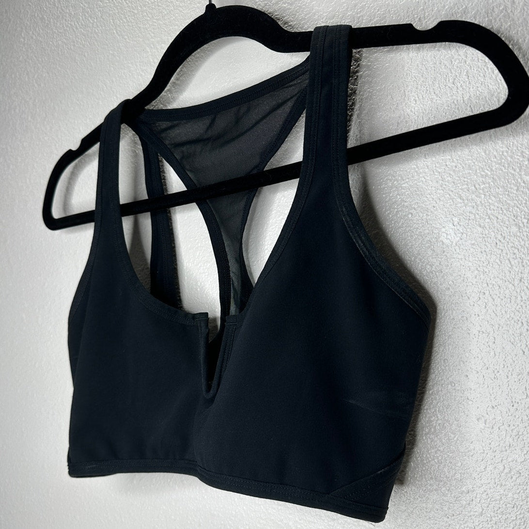 L SPACE Black V-Neck Back Mesh Racerback Sports Bra Large