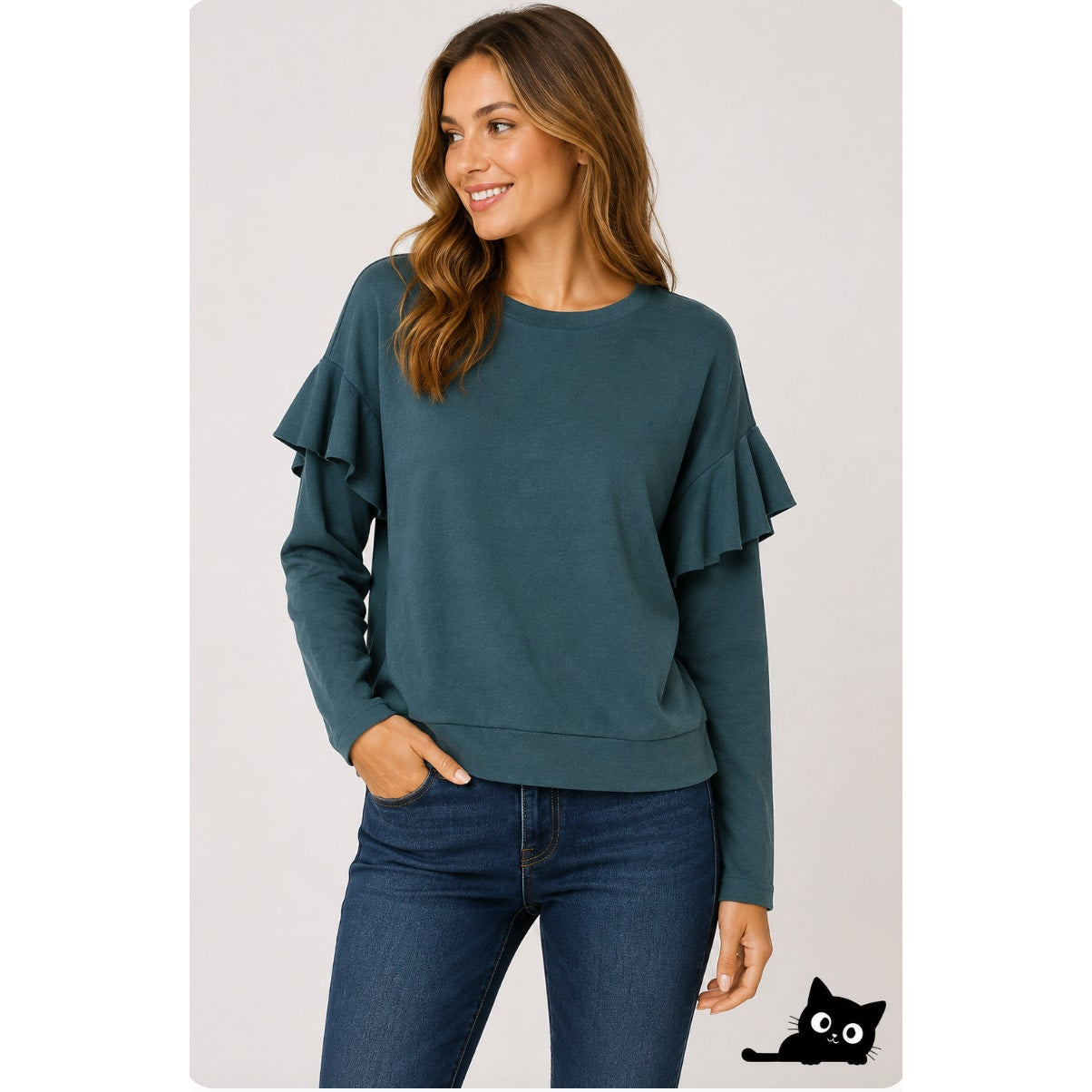 Romeo & Juliet Hunter Green Ruffle Long Sleeve Knit Round Neck Sweater S