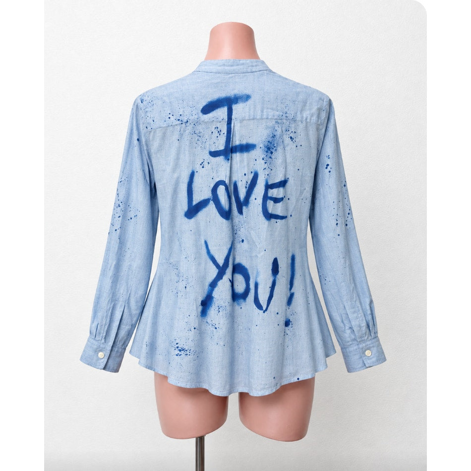 Unique Gap Blue Pintuck Popover Banded Neck I Love You Spray Paint Design Top M