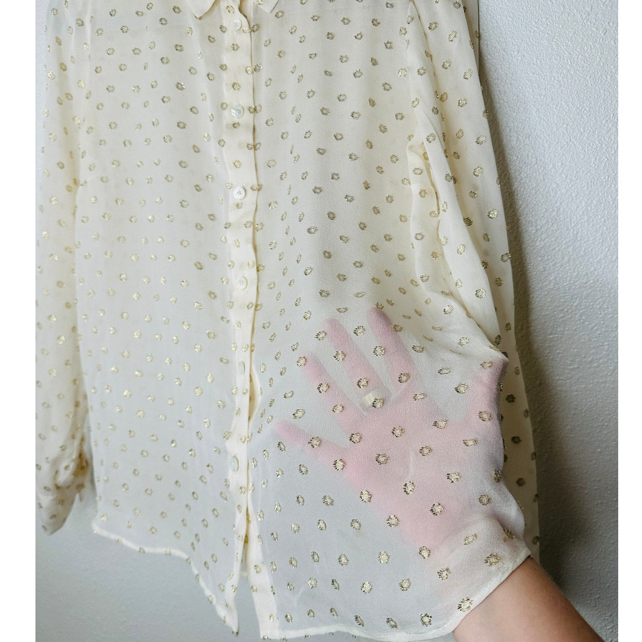Stella McCartney Sheer Cream Gold Metallic Polka Dot Button Sheer Blouse 44 / L
