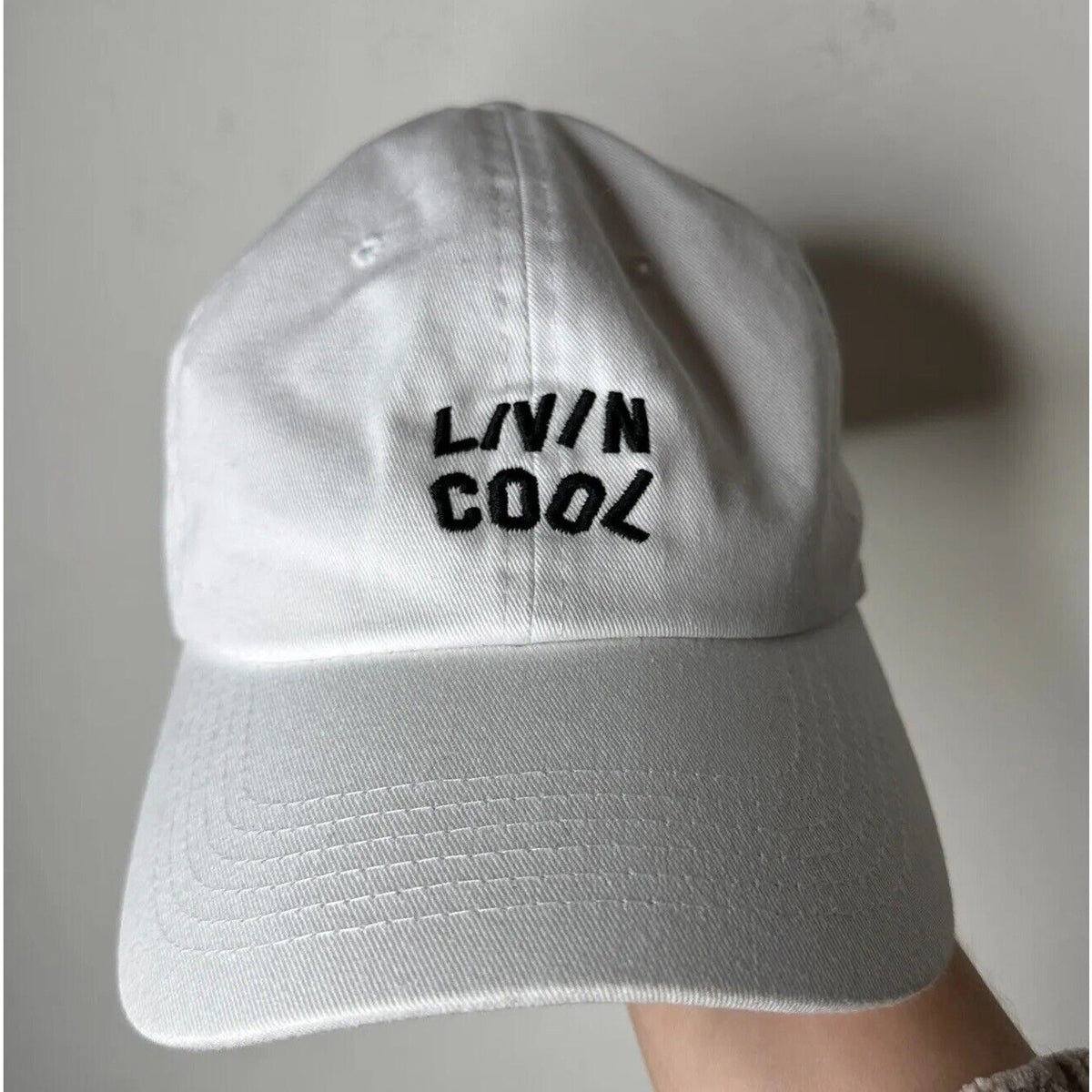 NWOT Livin Cool White Adjustable Baseball Cap Hat Black Livin Cool Graphic OS