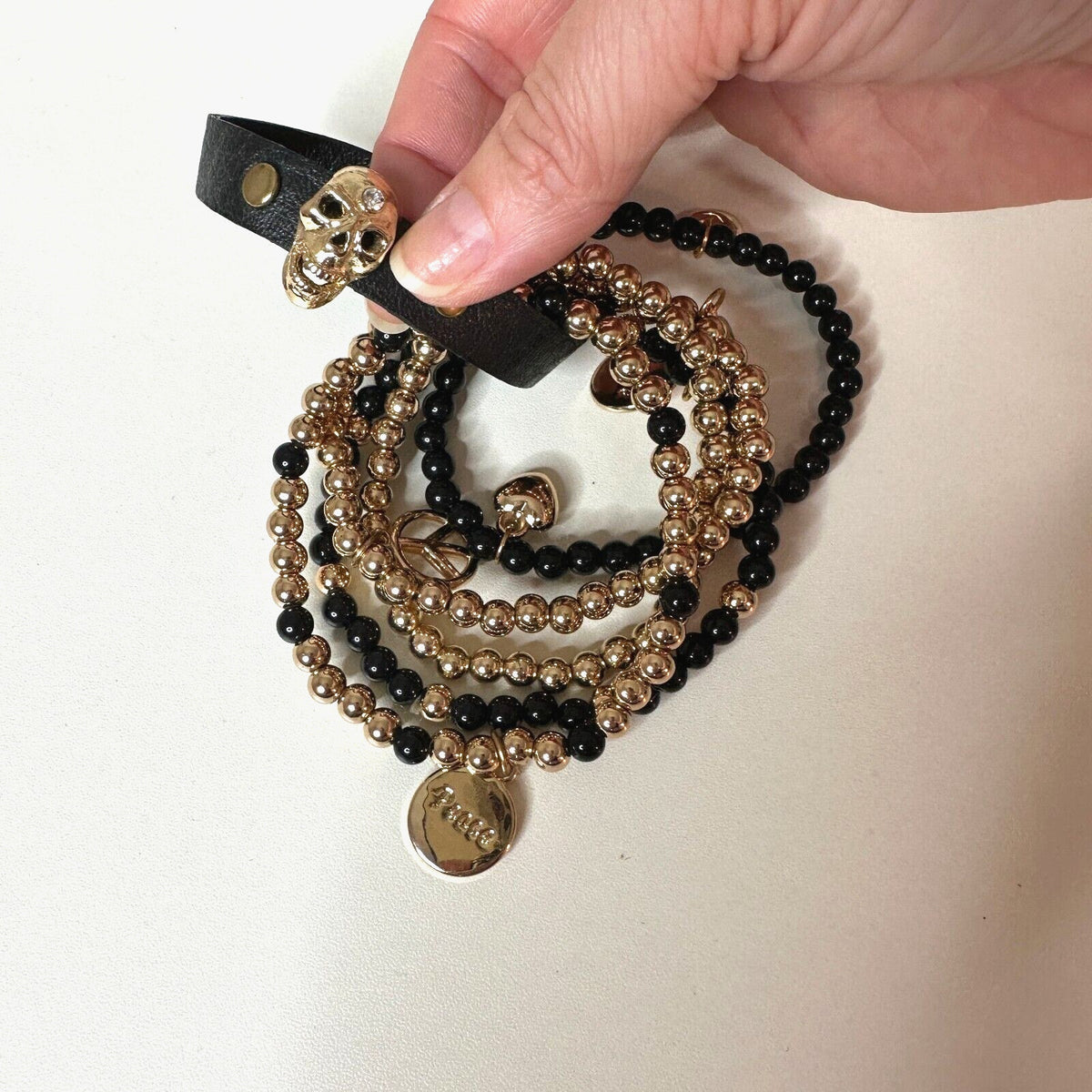 NWOT Macy's Black & Gold Multilayer Skull Heart Peace Bead Leather Wrap Bracelet