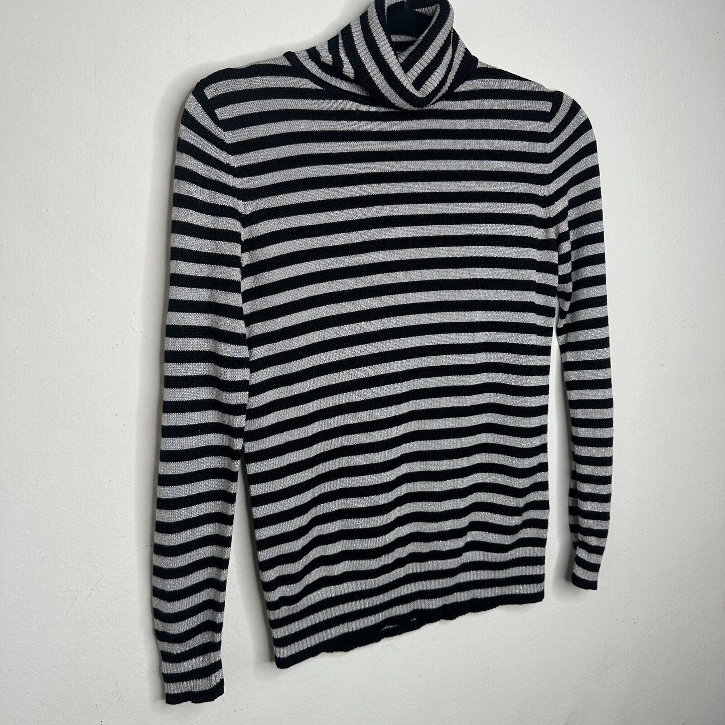 Joseph A. Silver & Black Stripe Metallic Knit Turtleneck Long Sleeve Sweater PP