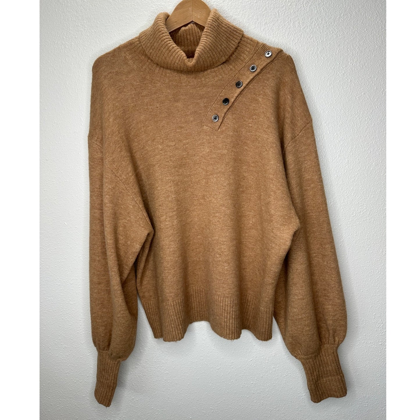 Marissa Webb Blake Camel Brown Button Cashmere Blend Turtleneck Sweater M
