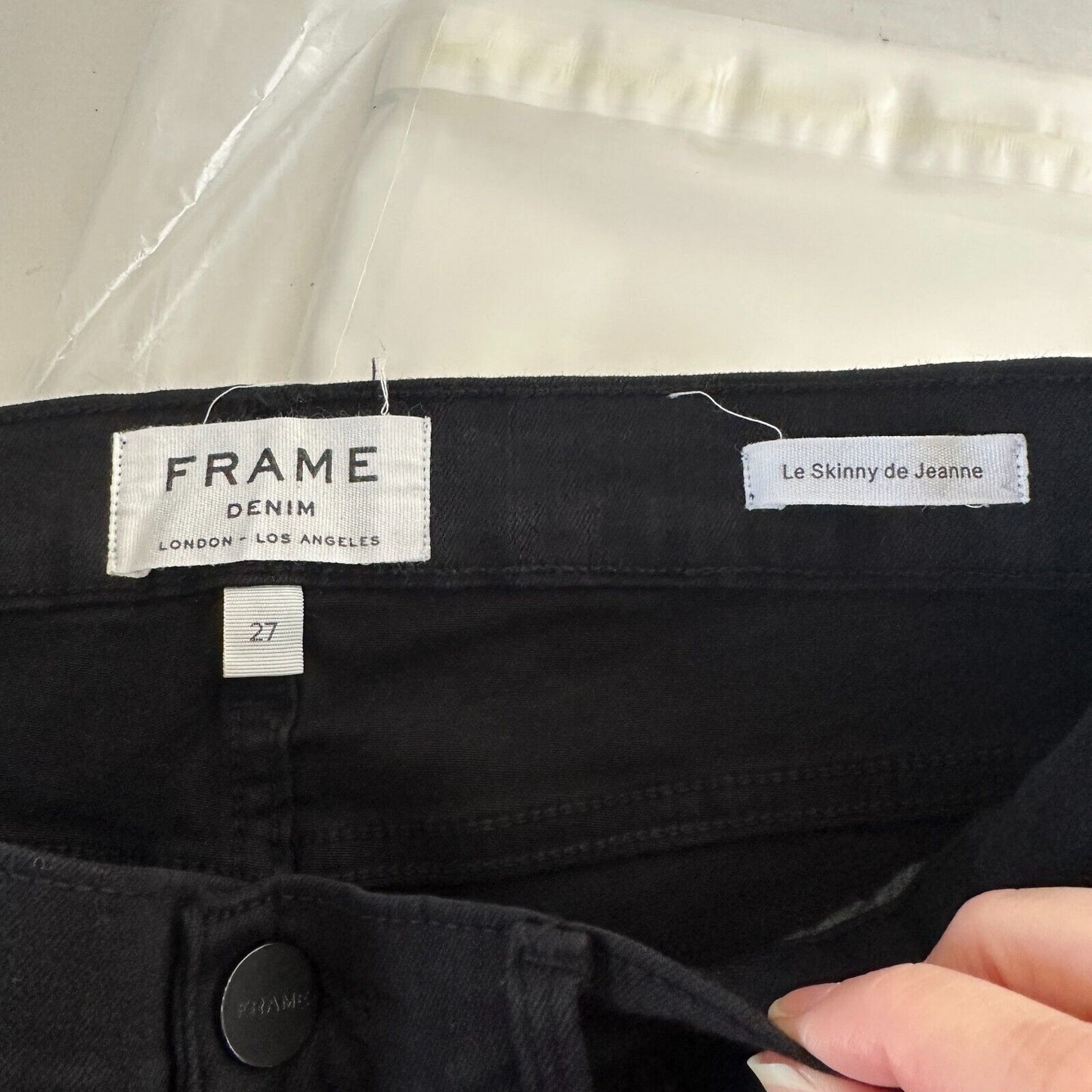 Frame Jet Black Denim Le Skinny de Jeanne Distressed Jean Mid-Rise Raw Hem 27