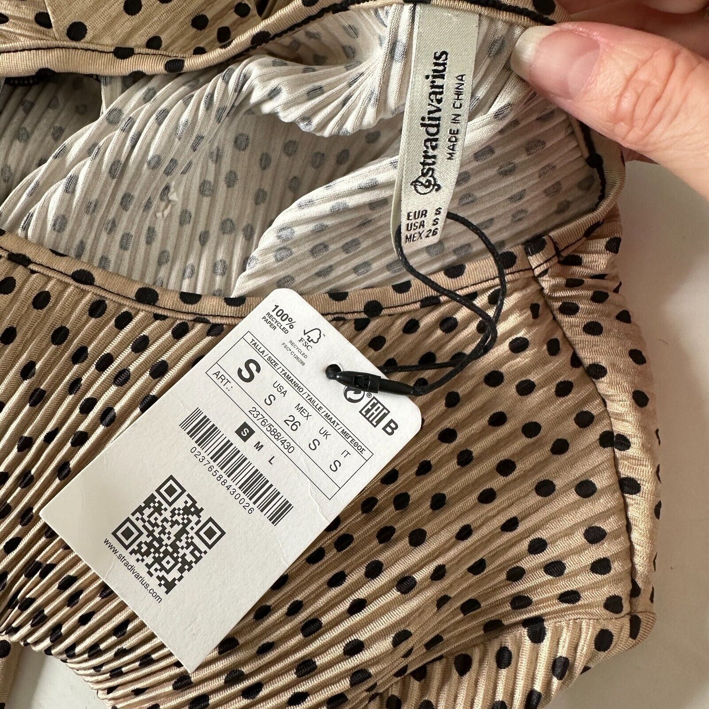 Stradivarius Beige Black Polka Dot Mini Pleat Balloon Sleeve Round Neck Dress