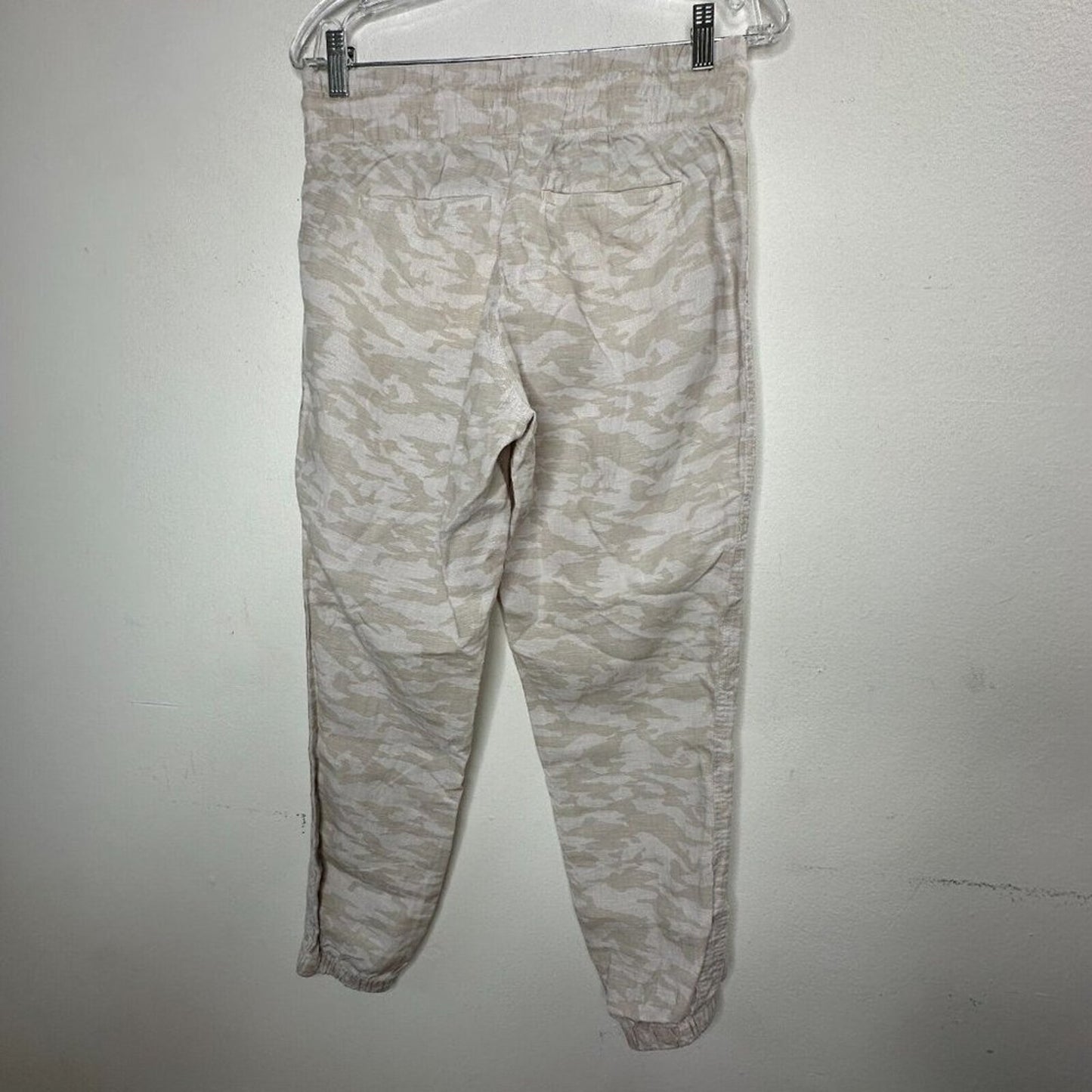 Athleta Cream & Tan Camo Cabo Print Tied Linen Jogger Pant Zip Front Pockets 4