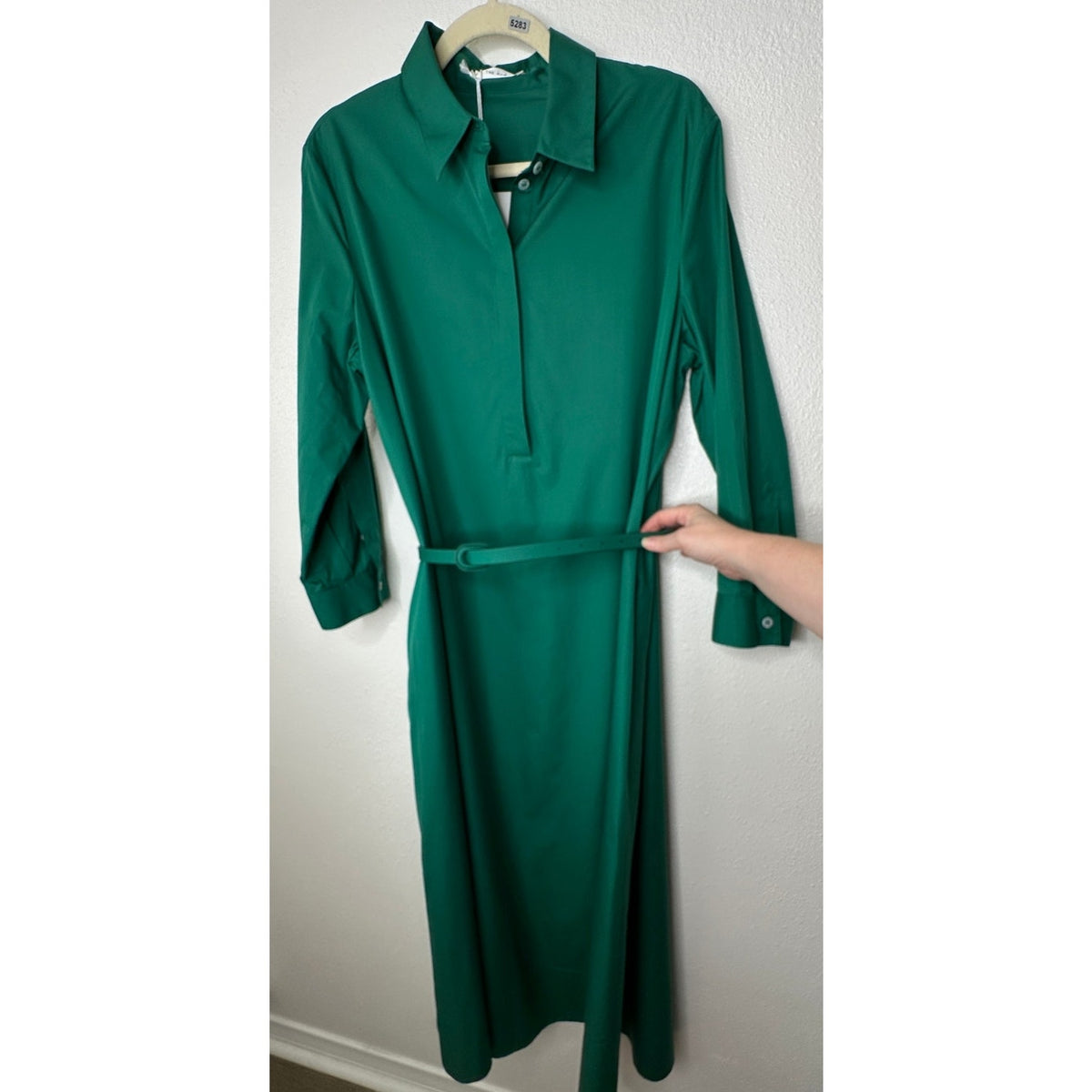 NWT The Row Green Tanita Long Sleeve 3/4 Button Collared Belted Shirtdress L
