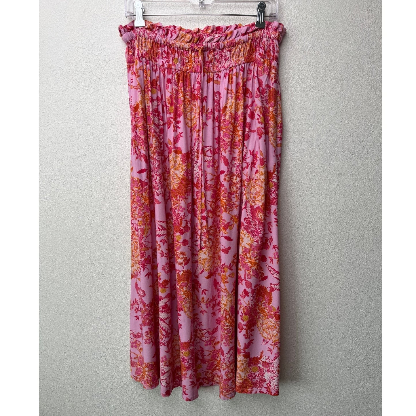 Xirena Pink Tropical Floral Ruched Tie Waist Midi Skirt M