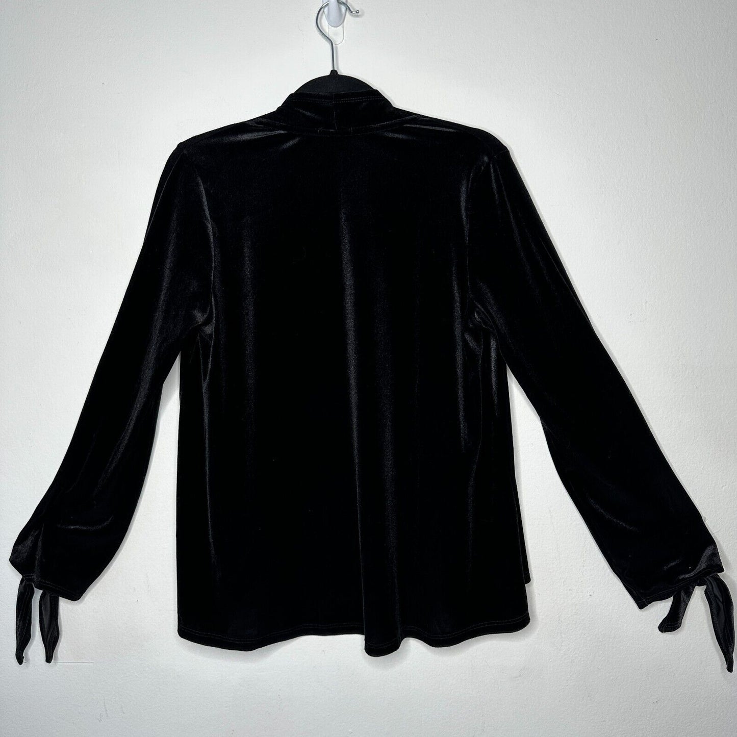 Jet Black Velvet Velour Waterfall Open Front Cardigan Long Sleeve with Ties M