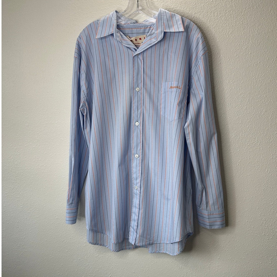 NWT Marni Camicia Organic Striped Cotton Poplin Iris Blue Collared Shirt 42 / 10