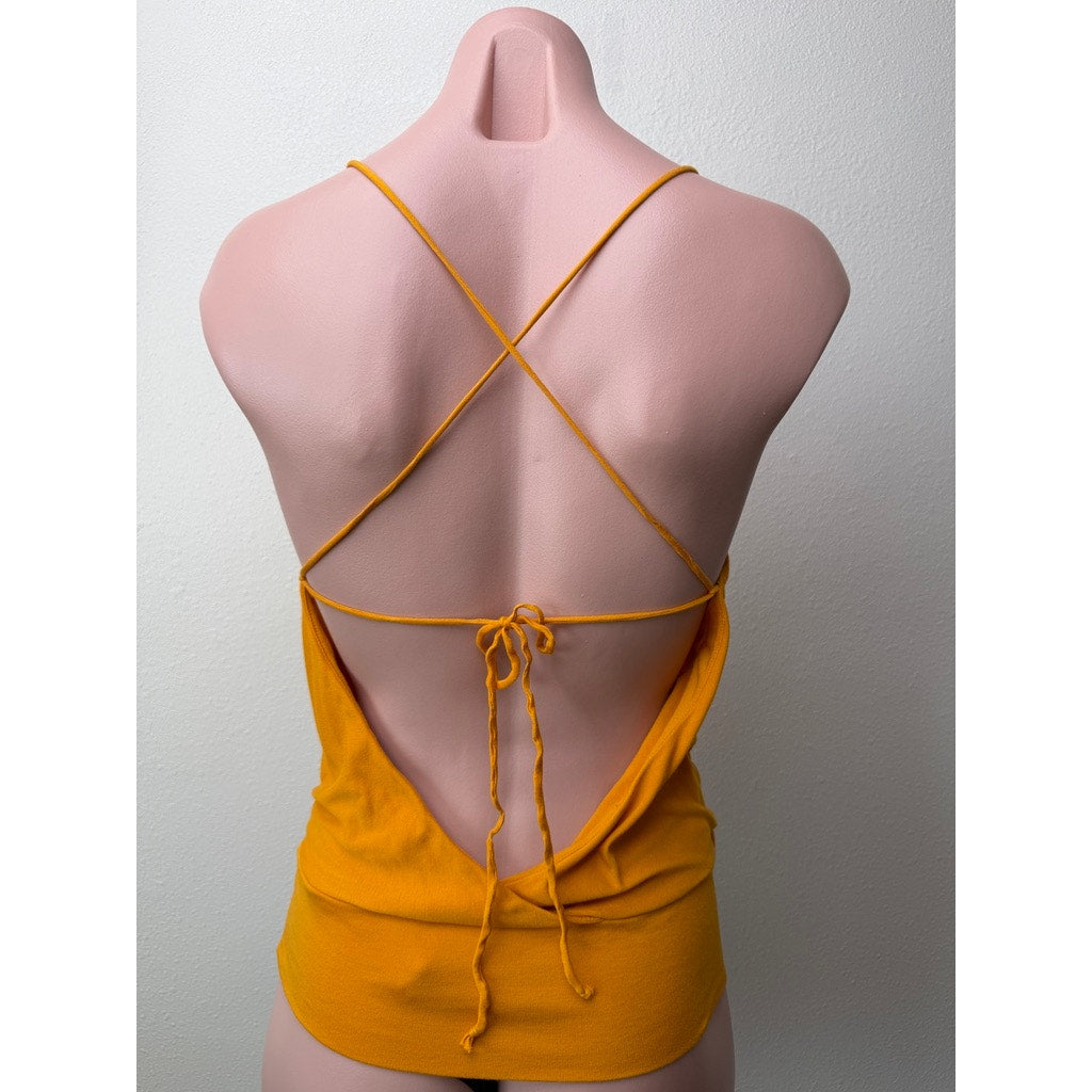 BCBGMAXAZRIA Orange Simone Flame Drape Open Criss Cross Tie Back Summer Top XS