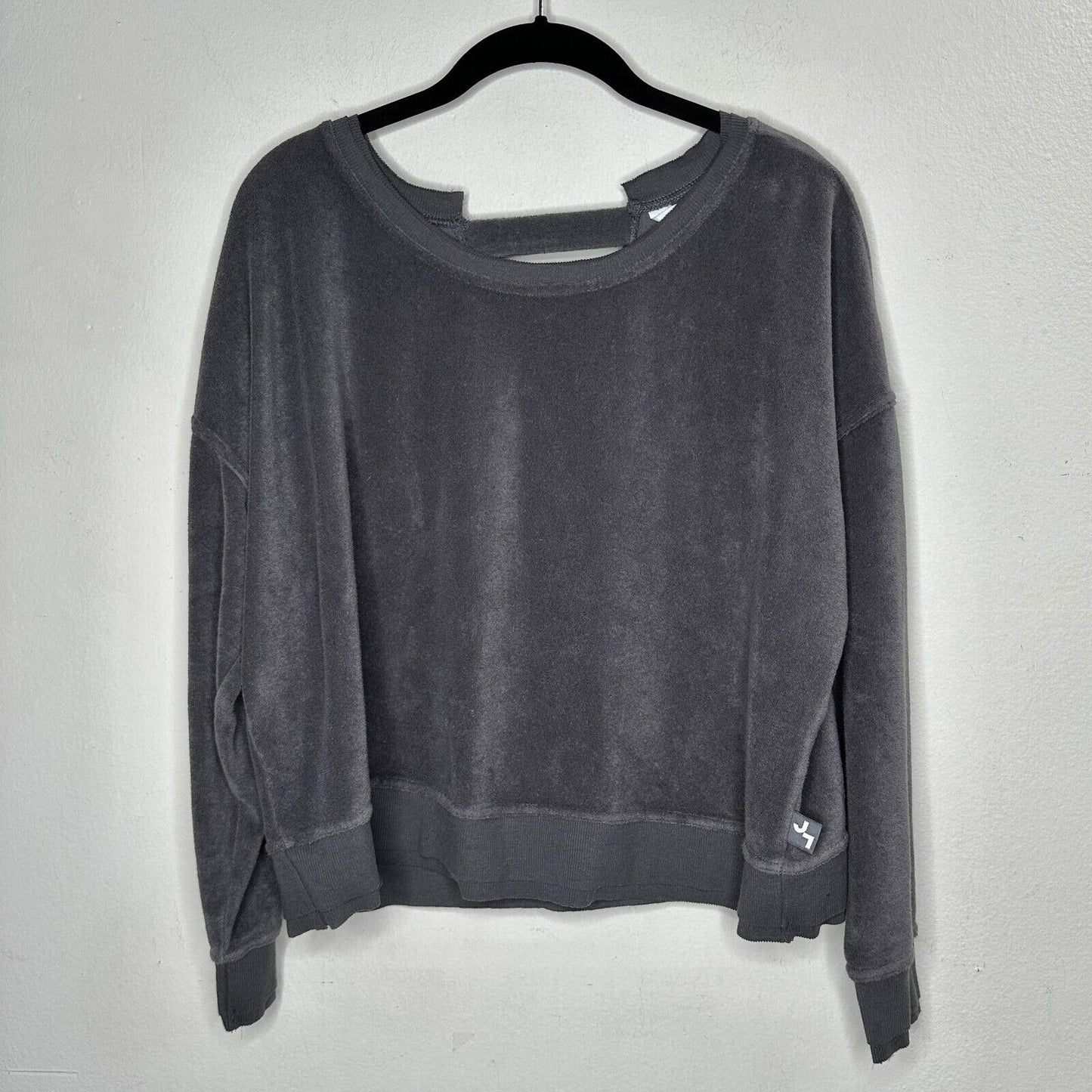 Joy Lab Dark Gray Long Sleeve Crop Terrycloth Sweater Faux Wrap Open V-Back SM
