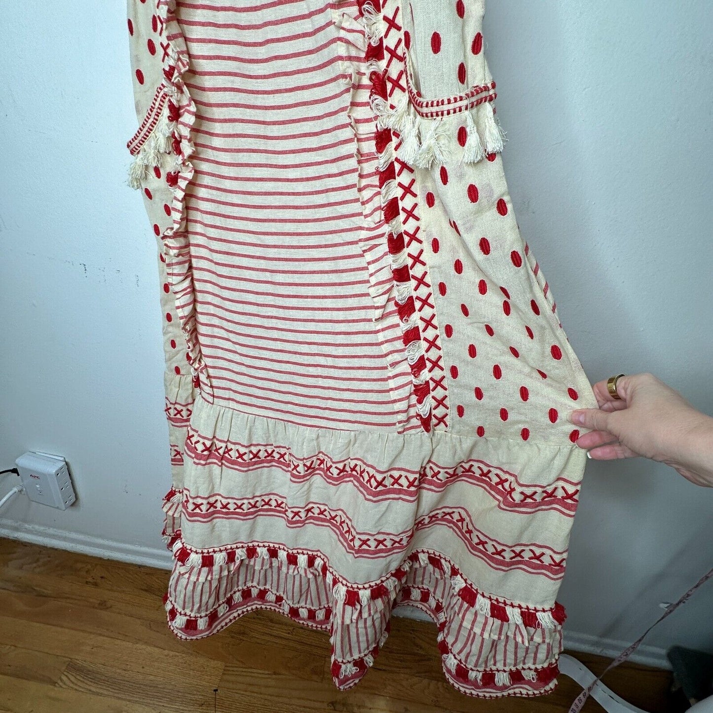 DODO BAR Tan & Red Stripe Polka Dot Ruffle Fringe Maxi Boho Resort Dress  S