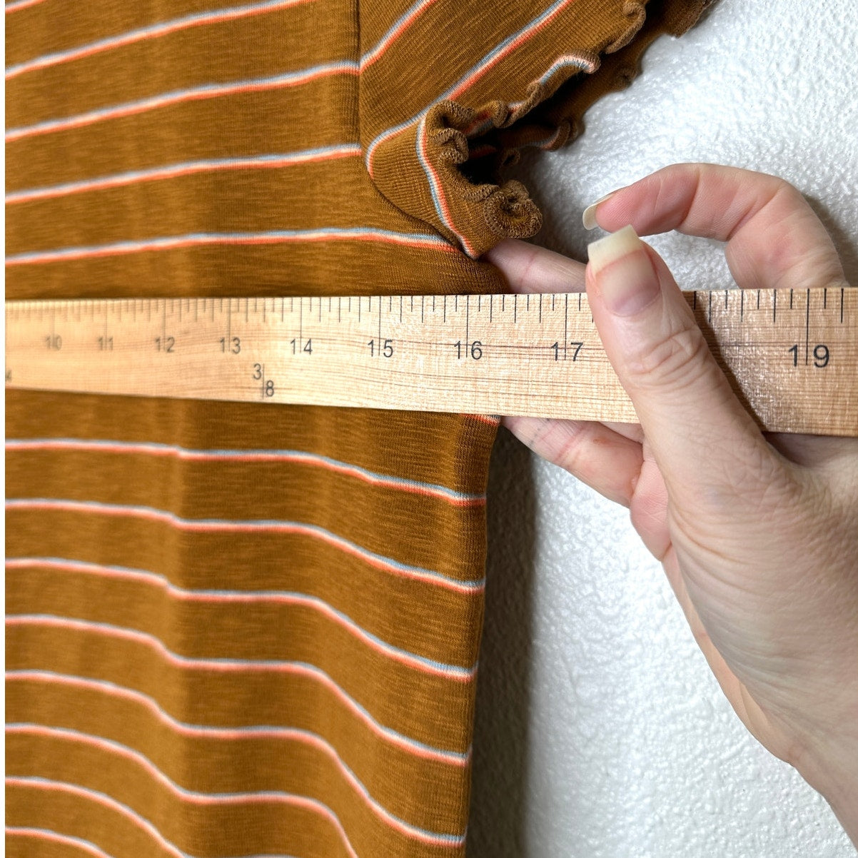 Madewell Rust Brown Peach Blue Stripe Short Sleeve Lettuce Hem Shirt M