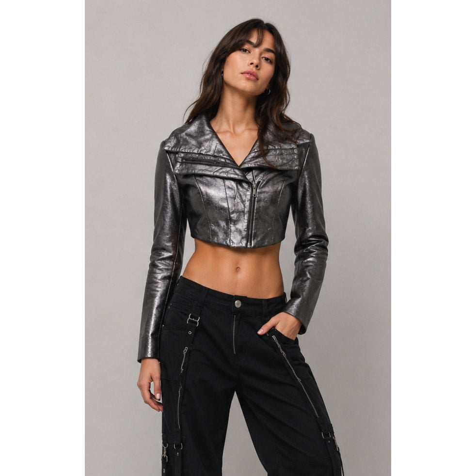 Gareth Pugh gunmetal calf leather cropped jacket women’s 10 draped zip