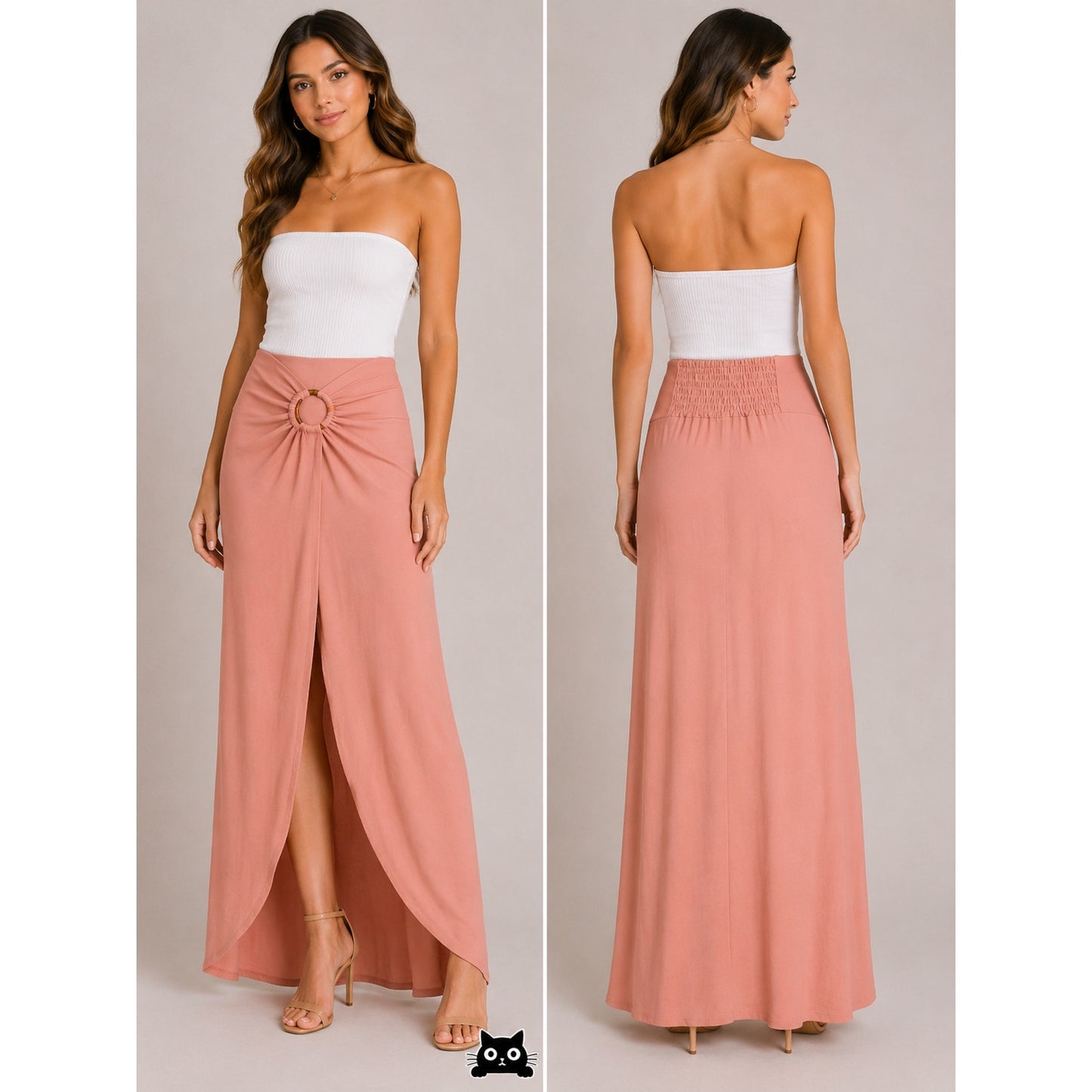 NWT Topshop Peachy Gather Maxi Skirt Bamboo O-Ring Slit Front Smocked Back 4 / 6