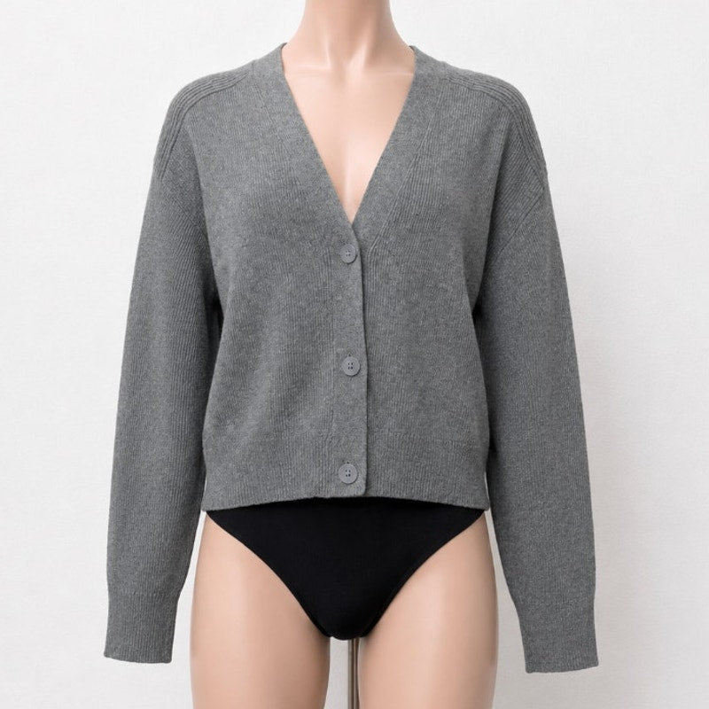 Zara Heather Gray Micro Rib V-Neck Front Button Long Sleeve Crop Cardigan Sweater S